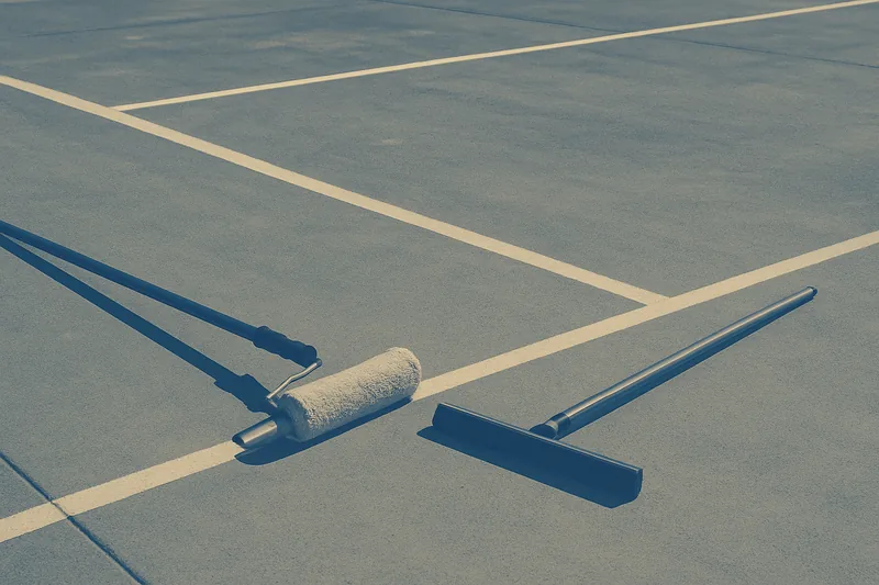 A roller and a long squeegee resting on a bare grey concrete court slab — tennis court resurfacing, Adelaide. Illustrative example.