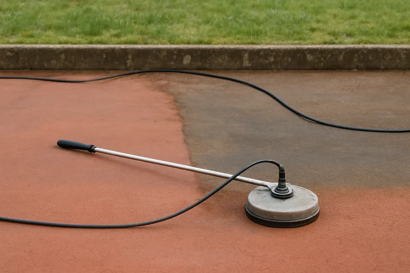 A pressure cleaner lance on a court beside a low bund with a hose leading to a grassed area — tennis court resurfacing, Adelaide. Illustrative example.