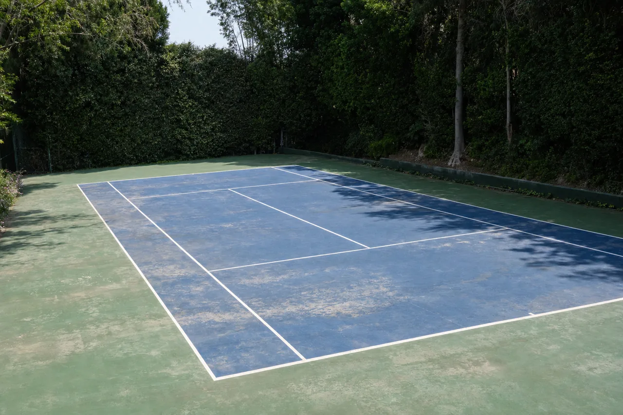 An empty acrylic hard court seen from a raised angle, faded blue and green — tennis court resurfacing, Adelaide. Illustrative example.